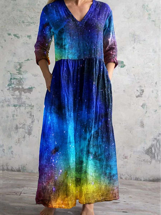 Women's Round Neck Rainbow Gradient Print Dress With Pockets