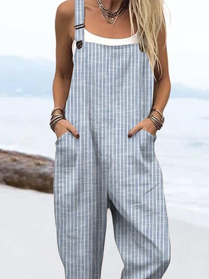 Women's Casual Blue Striped Print Strap Side Pocket Jumpsuit