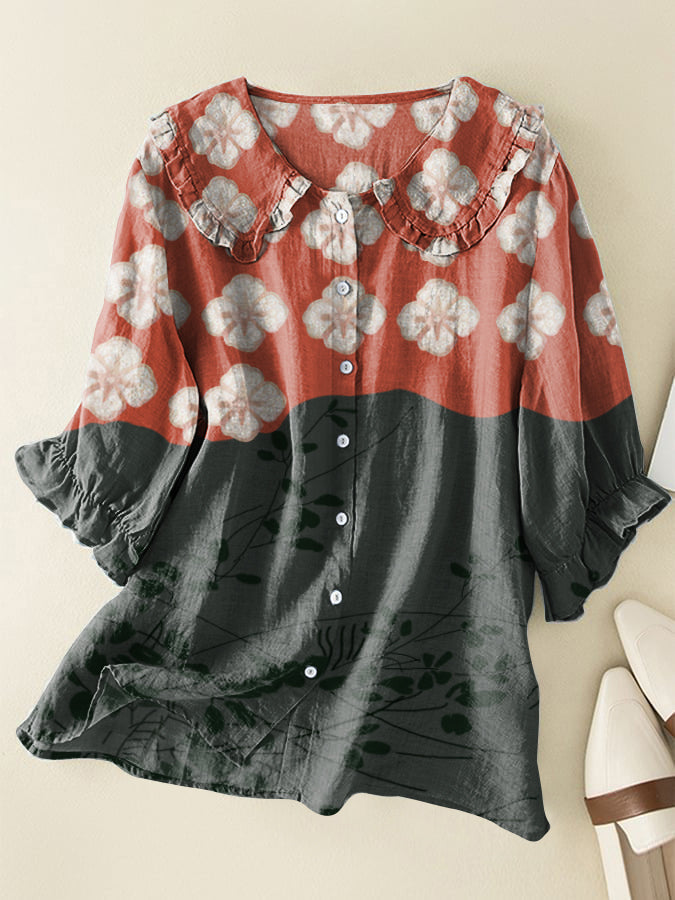 Japanese Floral Loose Peter Pan Ruffle Collar Shirt