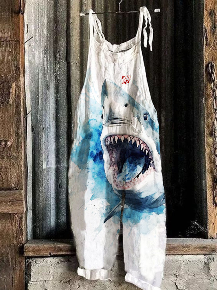 Shark Watercolor Art Print Linen Bib Pants