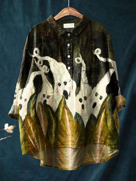 Women's Vintage Halloween Cute Little Ghost Face Ghost Art Print Casual Cotton And Linen Shirt