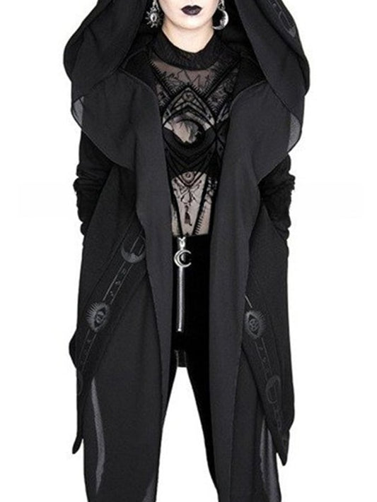 Gothic Style Dark Print Long-Sleeved Hooded Irregular Stitching Print Long Coat