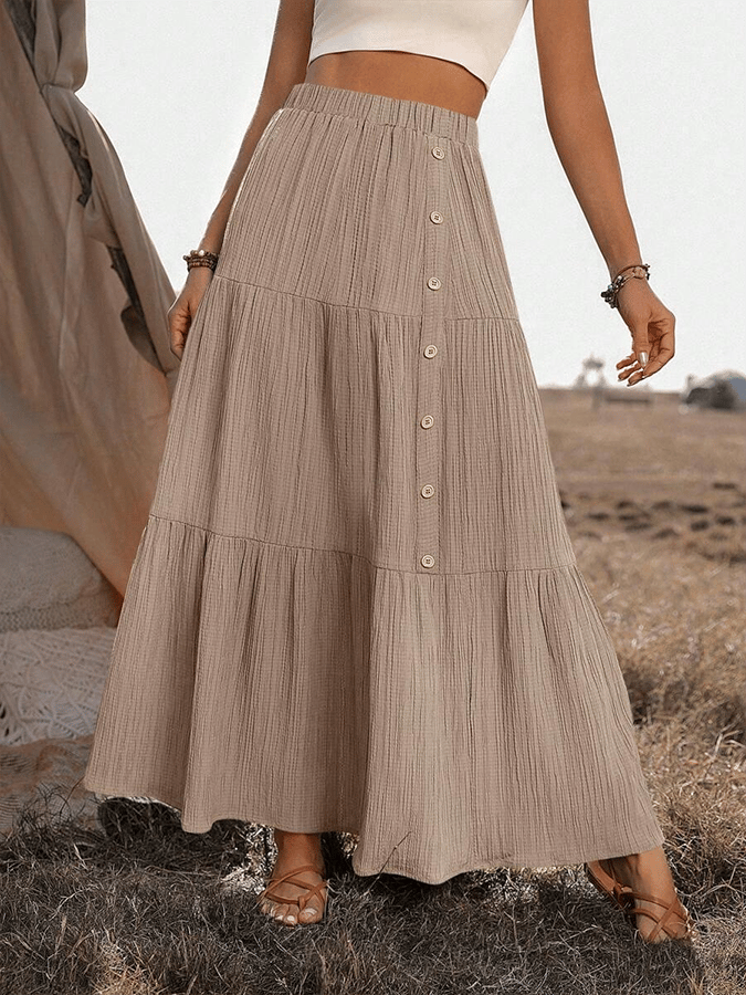 Women's Summer Button Decorated Ruffle Hem Long Skirt