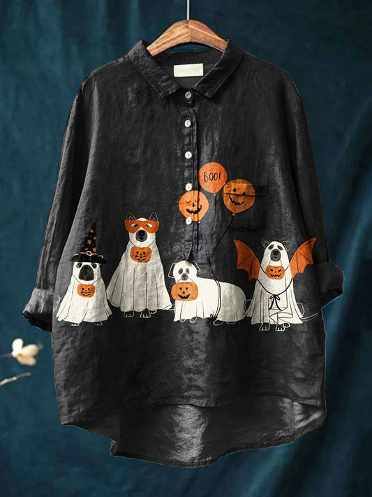 Women's Vintage Halloween Cute Ghost Dog Art Print Casual Cotton And Linen Shirt