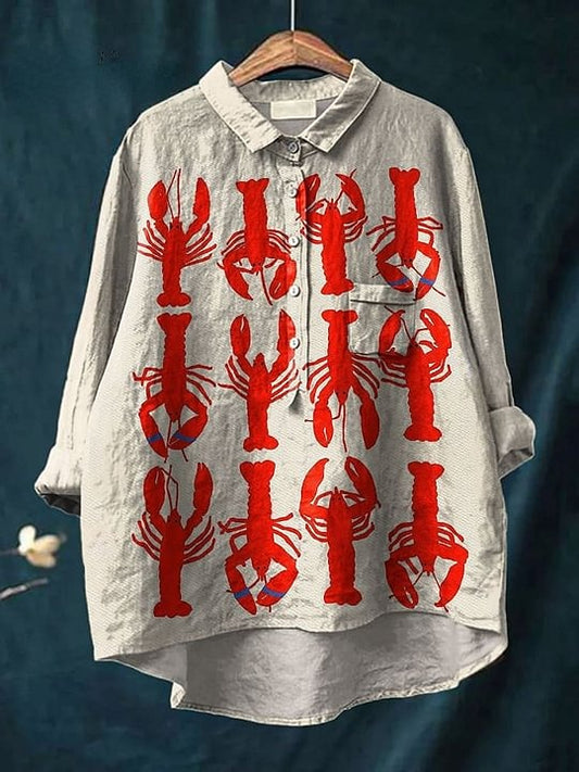 Women's Vintage Lobster Pattern Art Print Casual Cotton And Linen Shirt