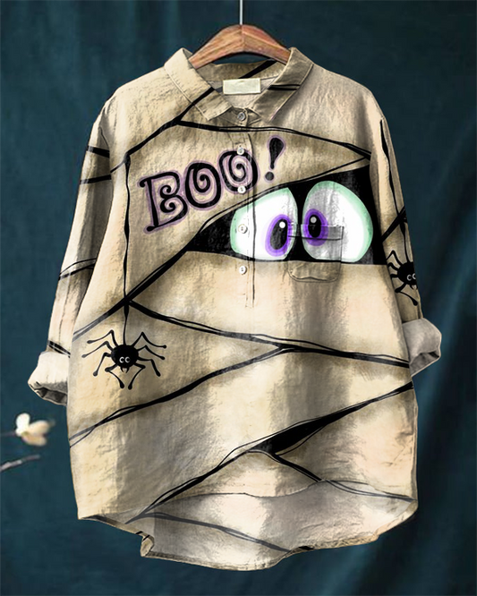 Halloween Boo Mummy Style Contrast Cotton and Linen Casual Shirt