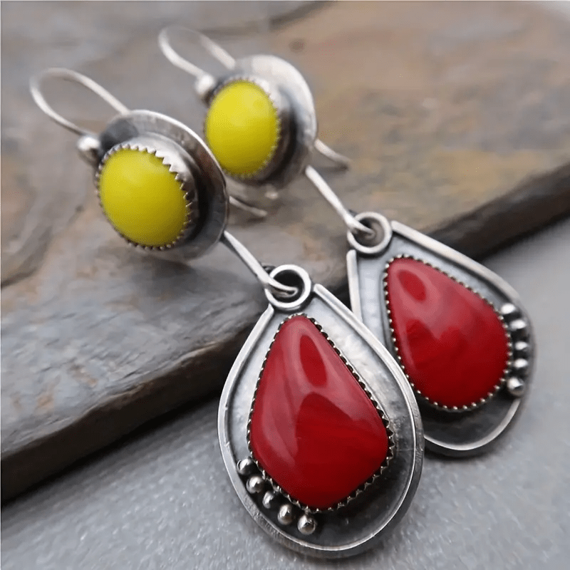 Yellow & Red Resin Inlaid Vintage Dangle Earrings