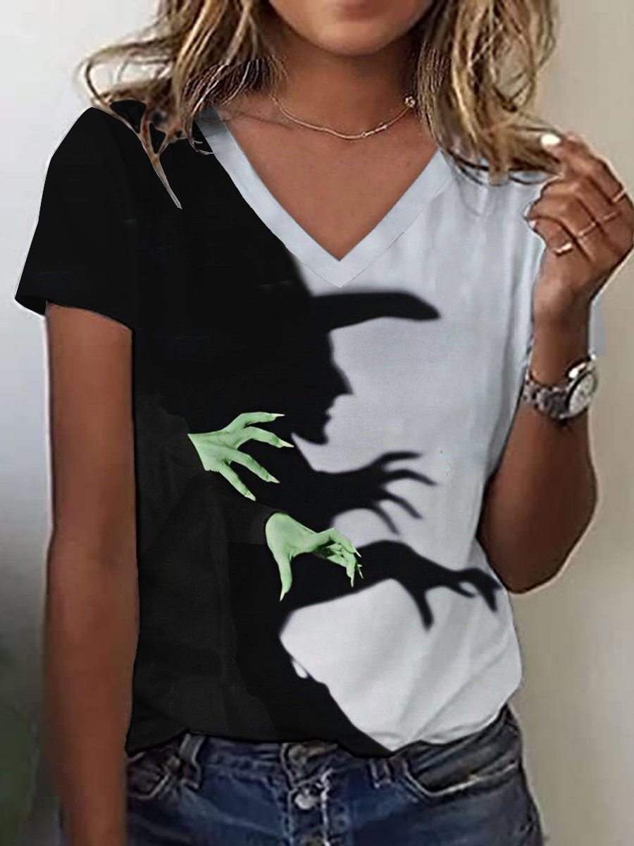 Women's Halloween Witch Shadow Print Casual V-Neck Tee