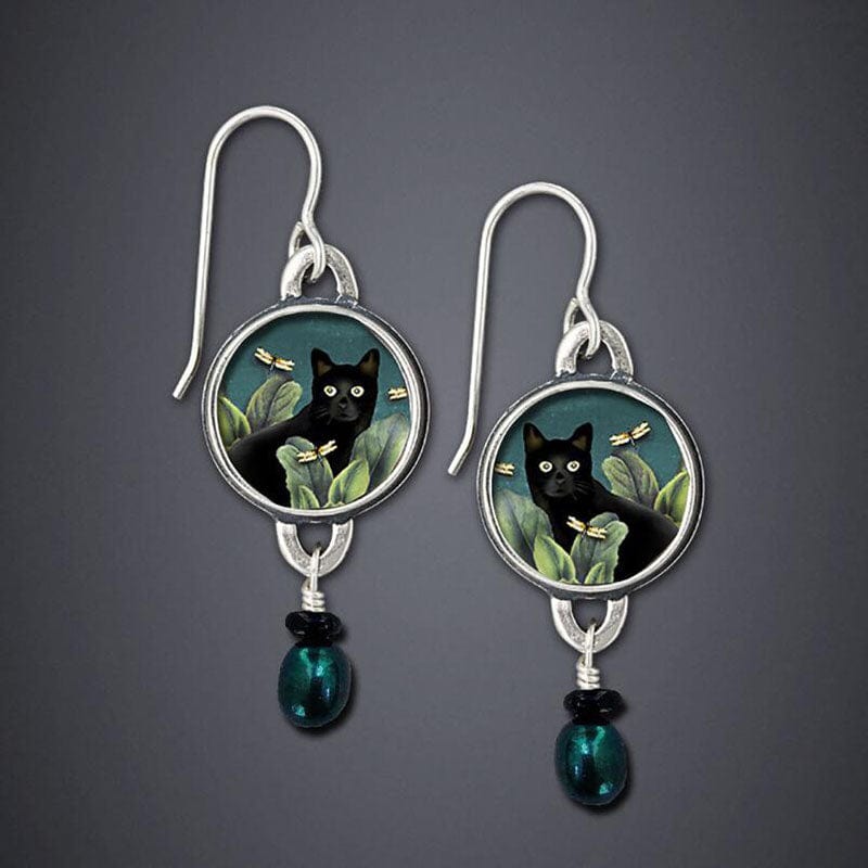 Vintage Round Black Cat Earrings