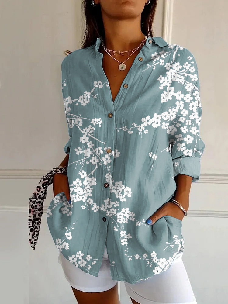 Japanese Cherry Blossom Print Casual Long-sleeved Shirt