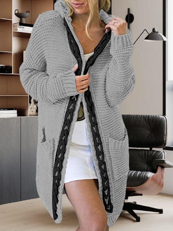 Women's Solid Color Scarf Collar Long Knitted Cardigan