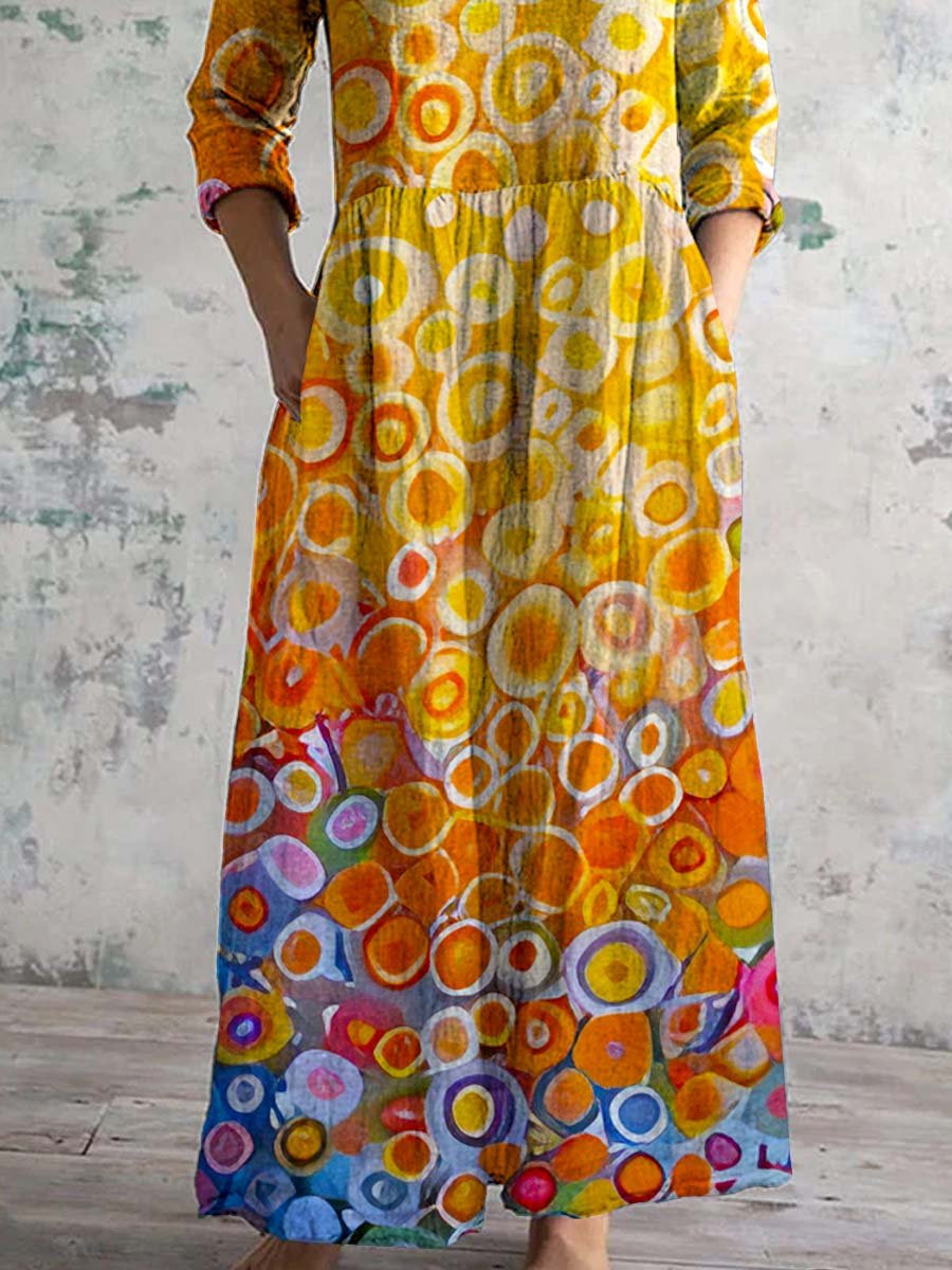 Women's V-neck Art Pattern Cotton And Linen Dress With Pockets