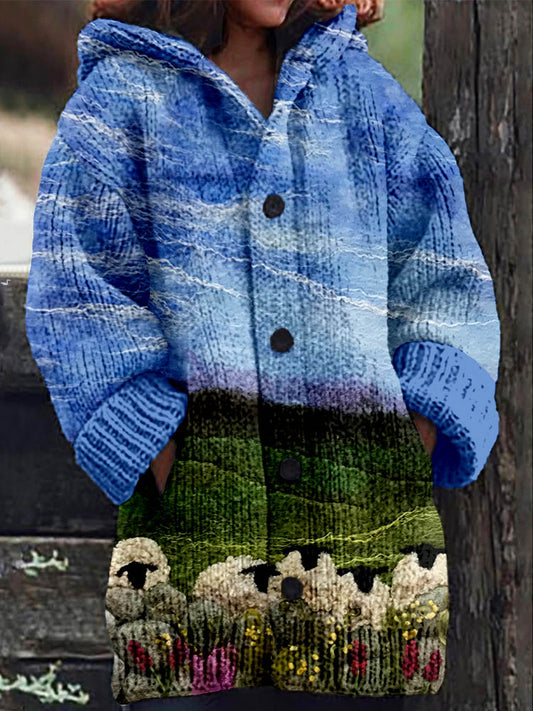 Greenand Pleasant Sheep Landscape Felt Art Cozy Cardigan