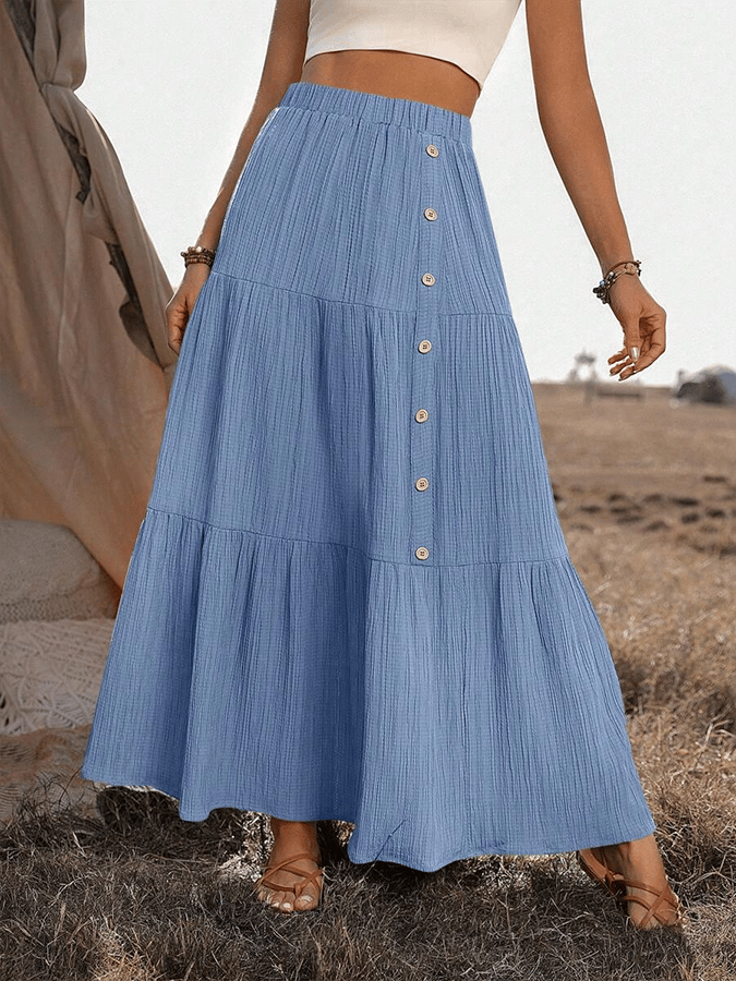 Women's Summer Button Decorated Ruffle Hem Long Skirt