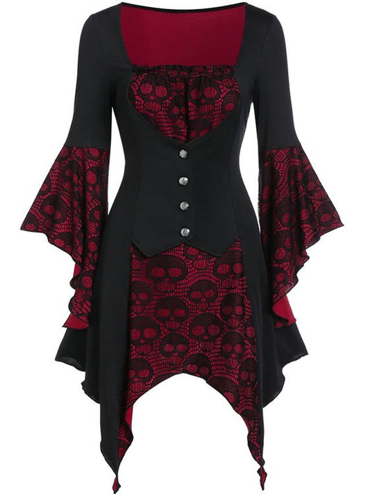 Halloween Skull Lace Tie Irregular Dress