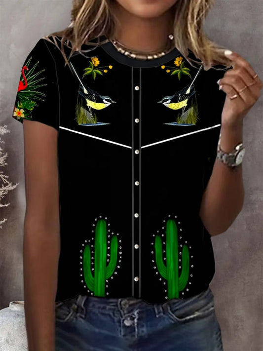 Women's Retro Western Fake Button Print Casual T-Shirt