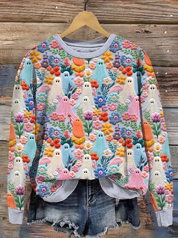 Colorful Floral Ghost Embroidery Pattern Sweatshirt