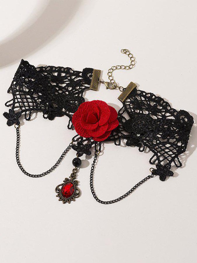 women's Gothic Waterdrop Rose Chain Fringe Beaded Lace Necklace Necklace