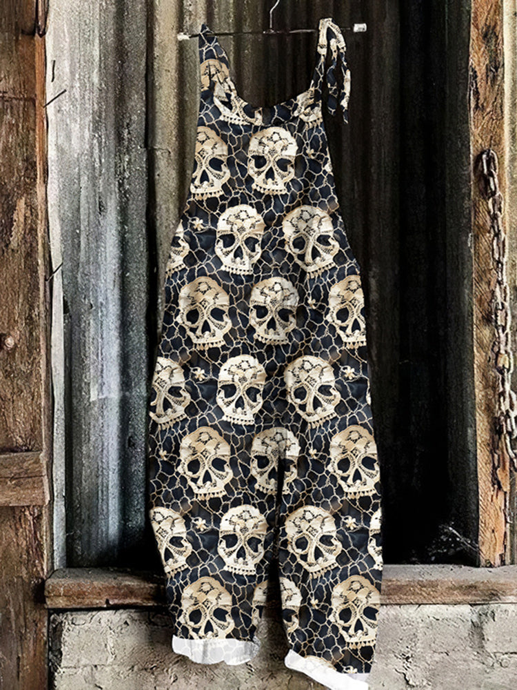 Halloween Skull Lace Embroidered Art Print Loose Jumpsuit