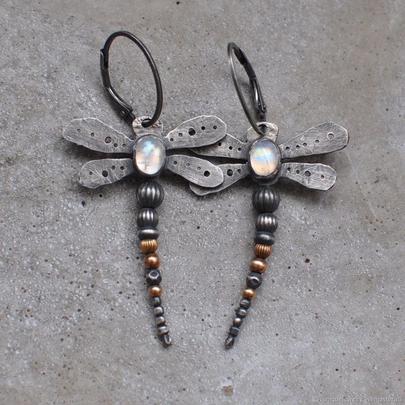 Round moonstone dragonfly earrings