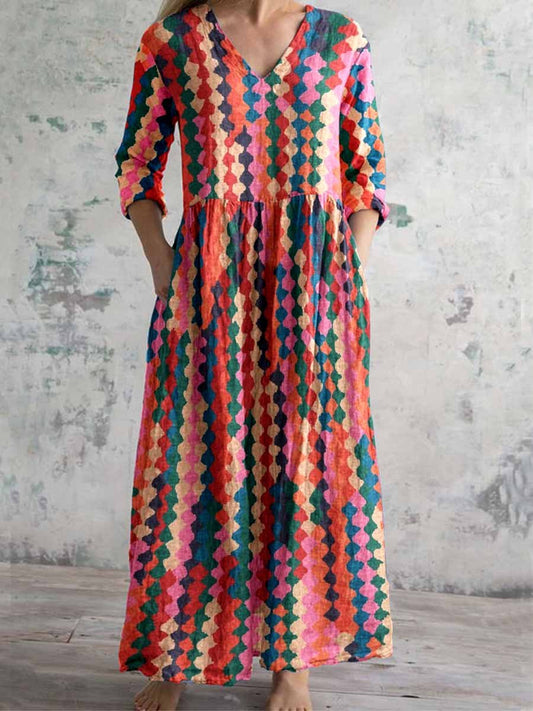 Women's V-Neck Colorful Bohemian Geometric Pattern Cotton and Linen Dress with Pockets