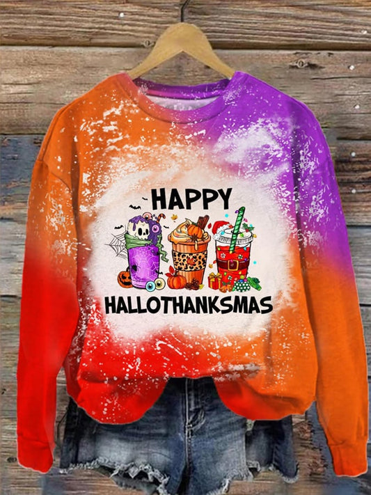 Women's Happy Hallothanksmas Print Casual Sweatshirt