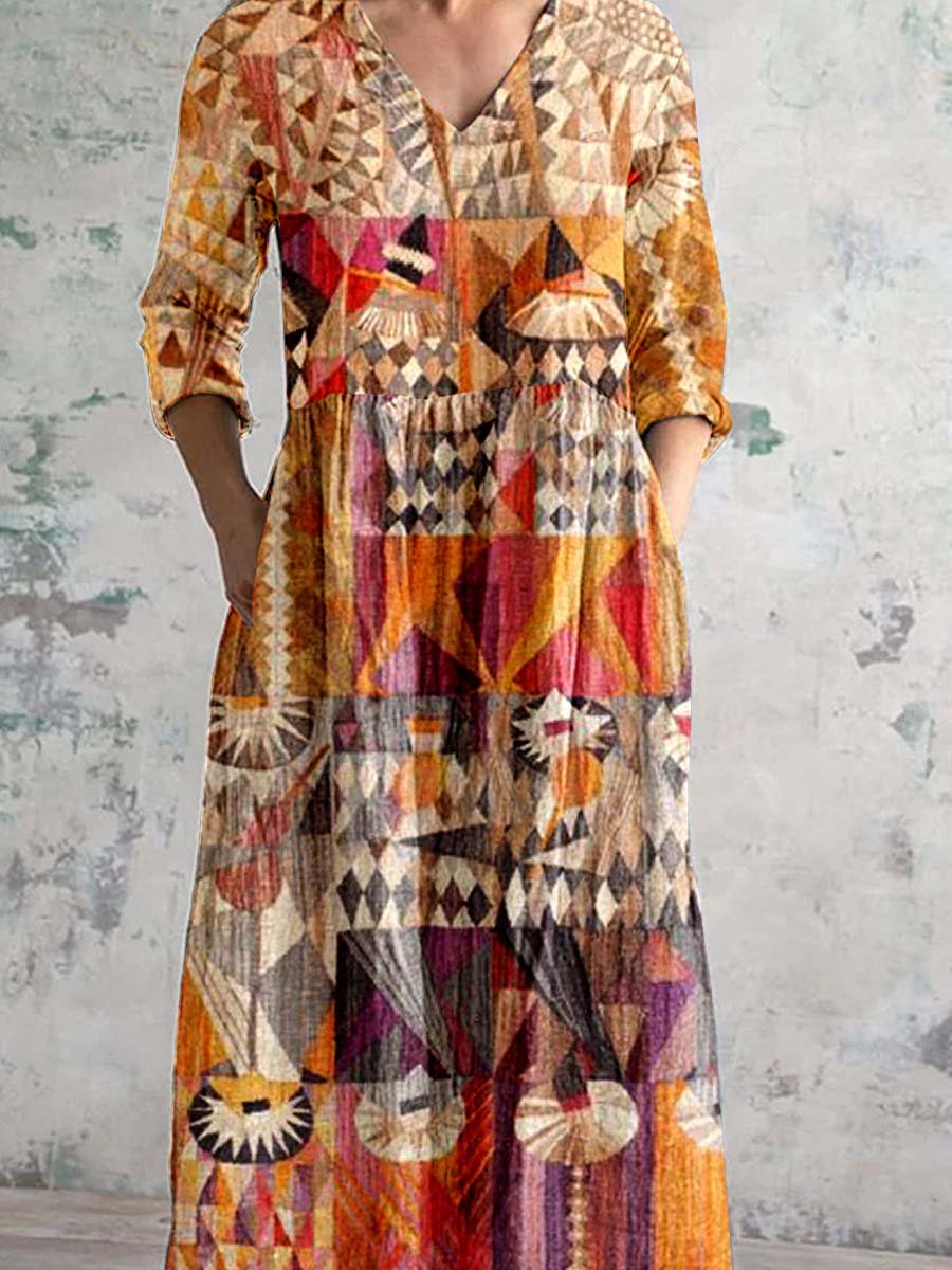 Women's Vintage Bohemian Pattern V Neck Dress with Pockets