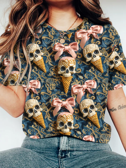 Halloween Ice Cream Skull Print Round Neck Casual T-Shirt