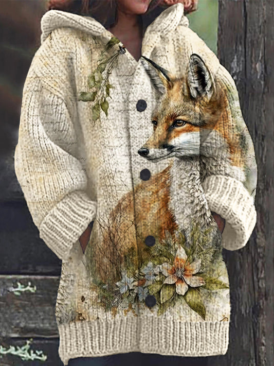 Vintage Fox Floral Art Cozy Hooded Cardigan