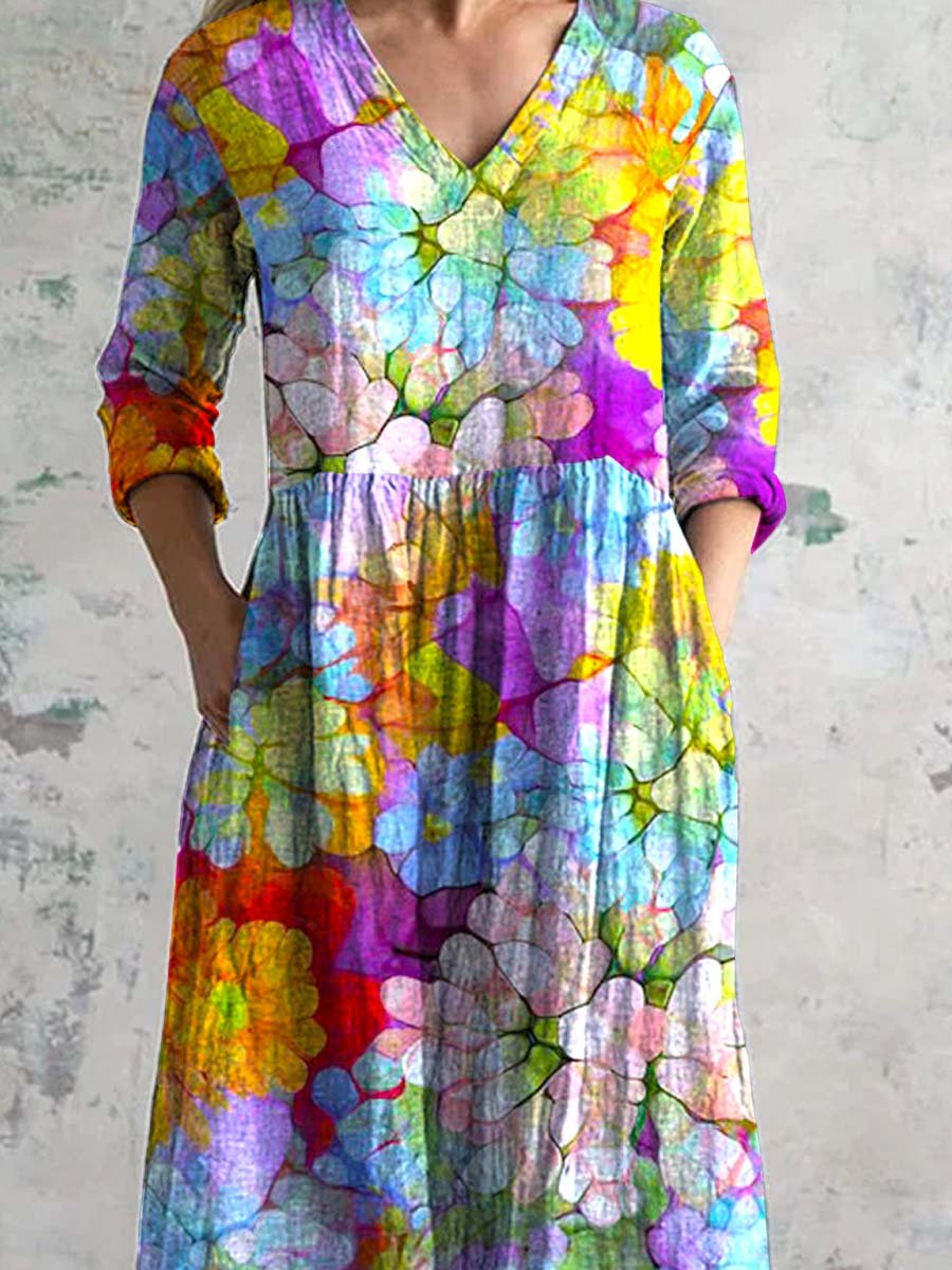 Women's V-neck Rainbow Floral Cotton And Linen Dress With Pockets