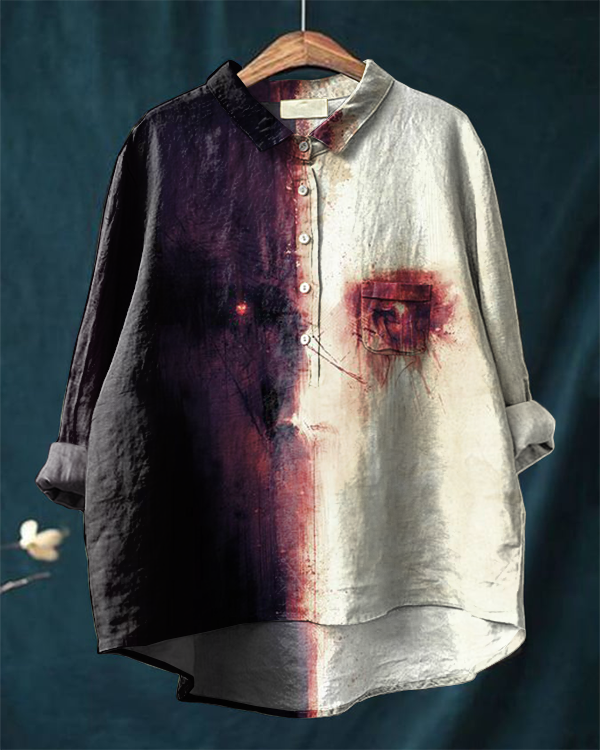 Halloween Contrasting Bloody Face Art Cotton and Linen Shirt