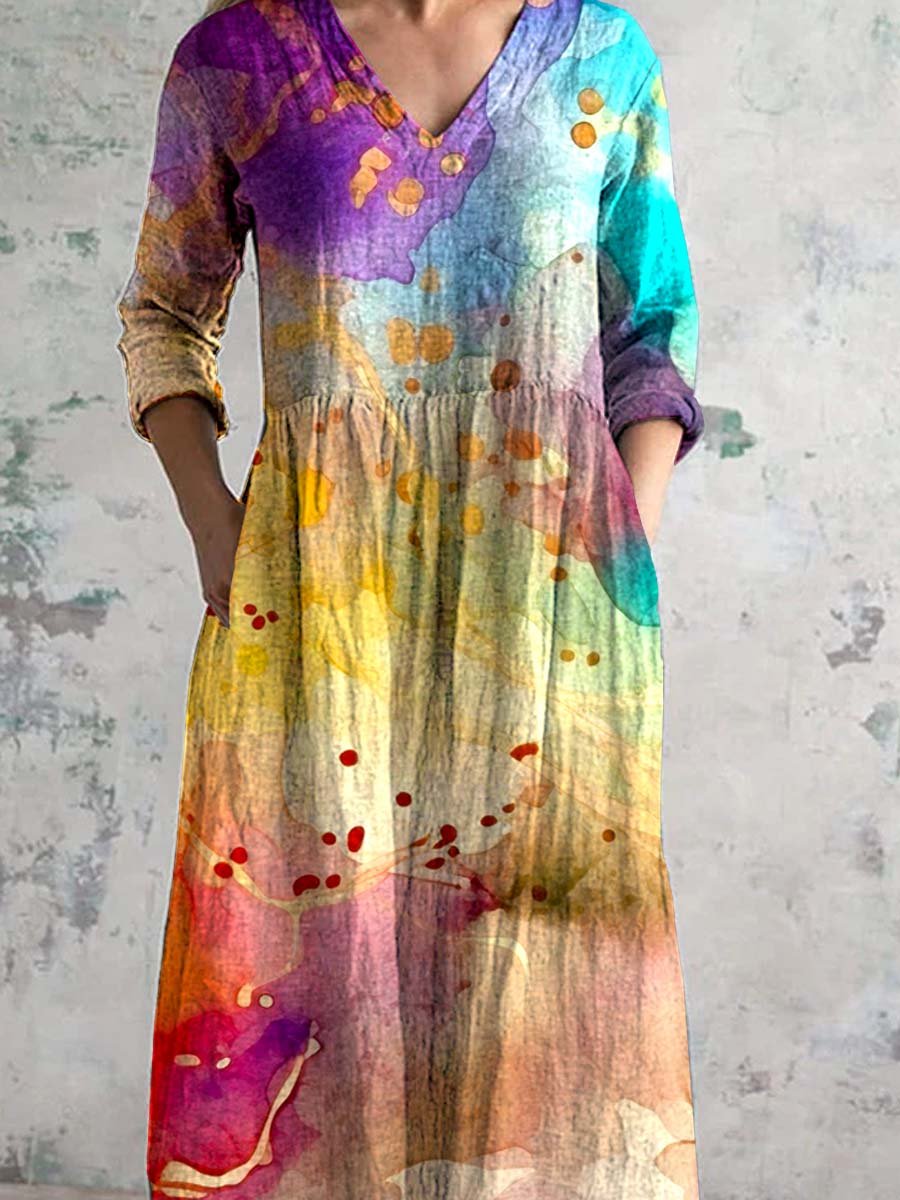 Women's V-neck Splash Art Cotton And Linen Dress With Pockets