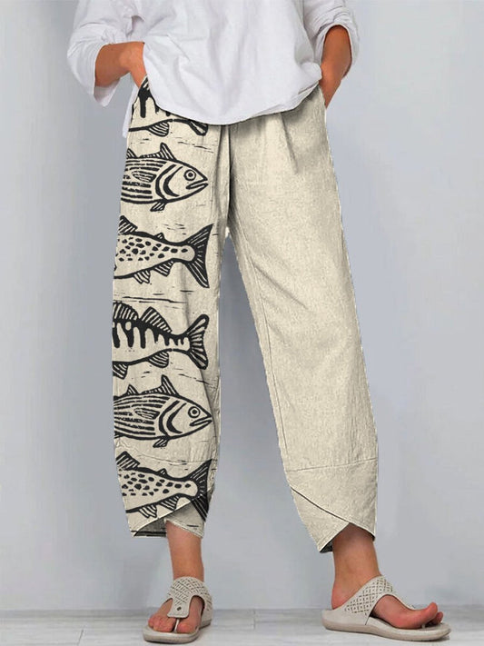 Sea Fish Art Printed Women's Cotton And Linen Casual Pants