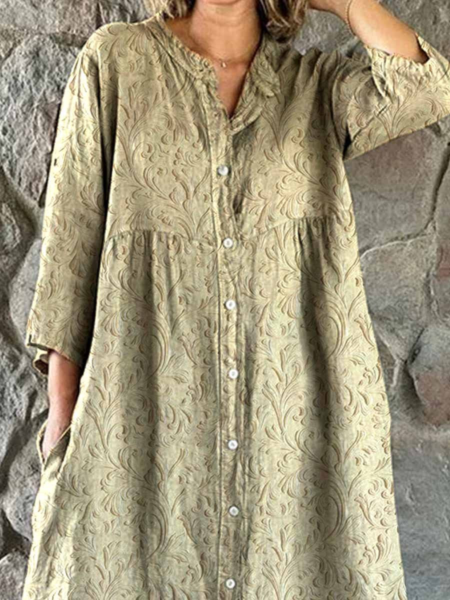 Women's Elegant Simple Floral Pattern Shirt Cotton and Linen Dress with Pockets