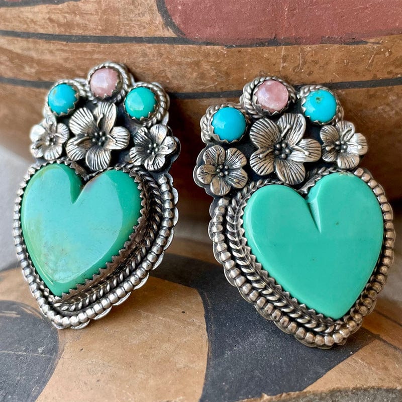 Boho Vintage Love Heart Turquoise Flower Earrings