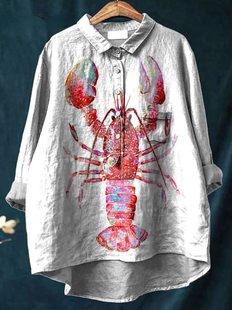 Vintage Lovely Lobster Pattern Art Print Casual Cotton And Linen Shirt