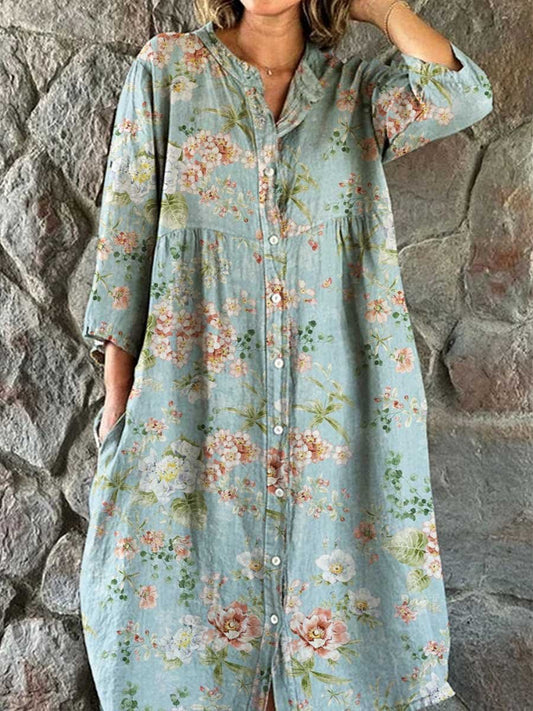 Women's Rose Floral Pattern Cotton and Linen Shirt Dress