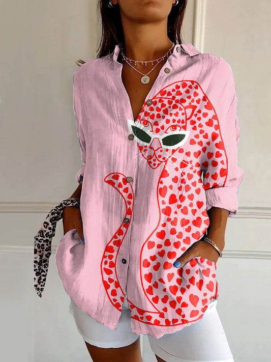 Fun Pink Leopard Print Casual Long Sleeve Shirt