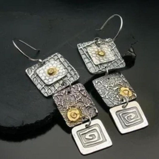 New Tribal Geometric Carved Square Metal Earrings