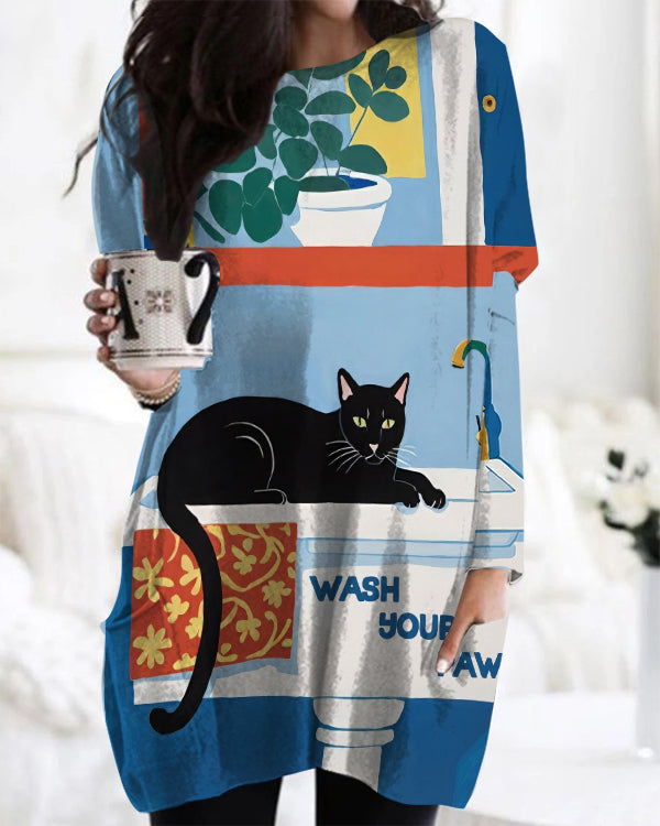 Wash Your Paws Cat Print Casual Sailor Collar Midi Top