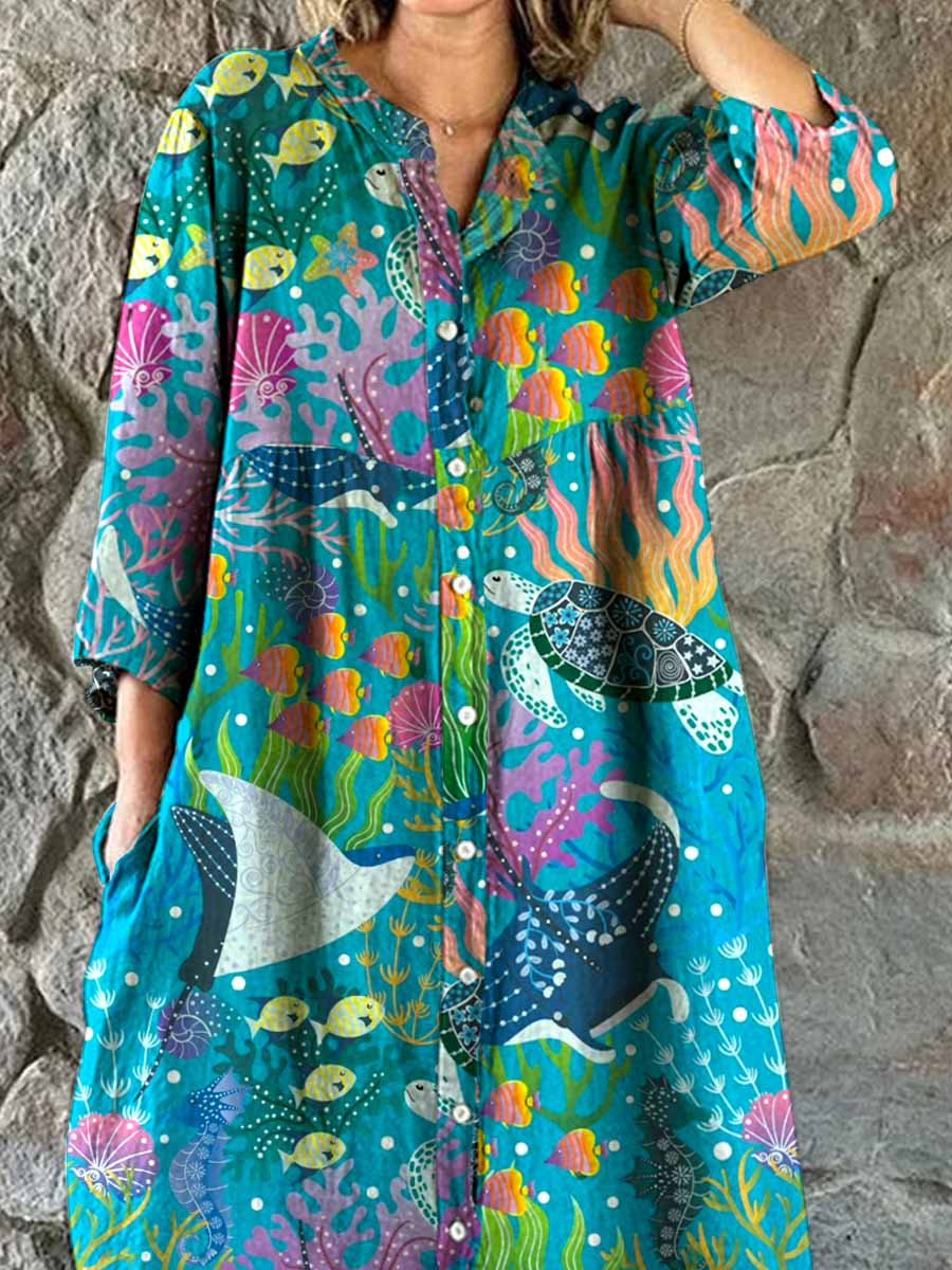 Women's Underwater World Pattern Resort Style Cotton and Linen Dress
