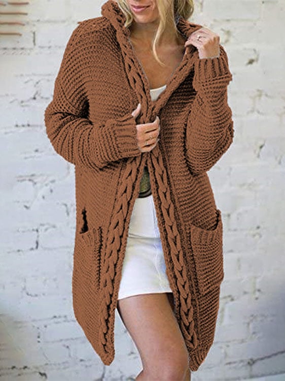 Women's Solid Color Scarf Collar Long Knitted Cardigan