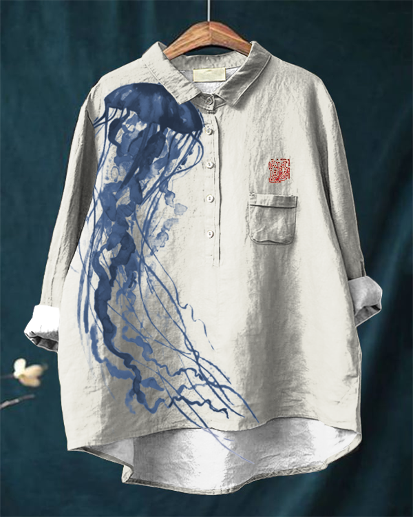 Japanese Art Jellyfish Print Casual Cotton and Linen Shirt