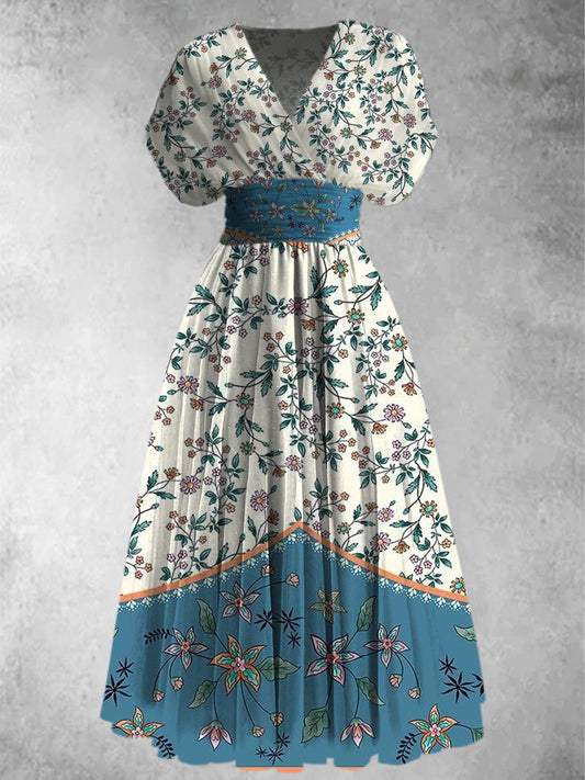 Retro Boho Floral Print Elegant V-Neck Chic Short Sleeve Maxi Dress