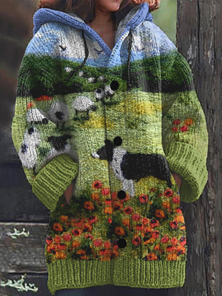 Home Sheep With Sheepdog Vintage Cozy Knit Cardigan