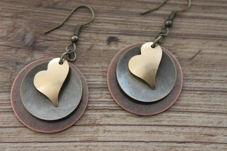 Boho Layered Heart Round Drop Handmade  Earrings