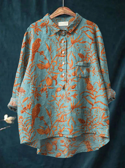 Vintage Bird Flower Art Print Casual Cotton And Linen Shirt