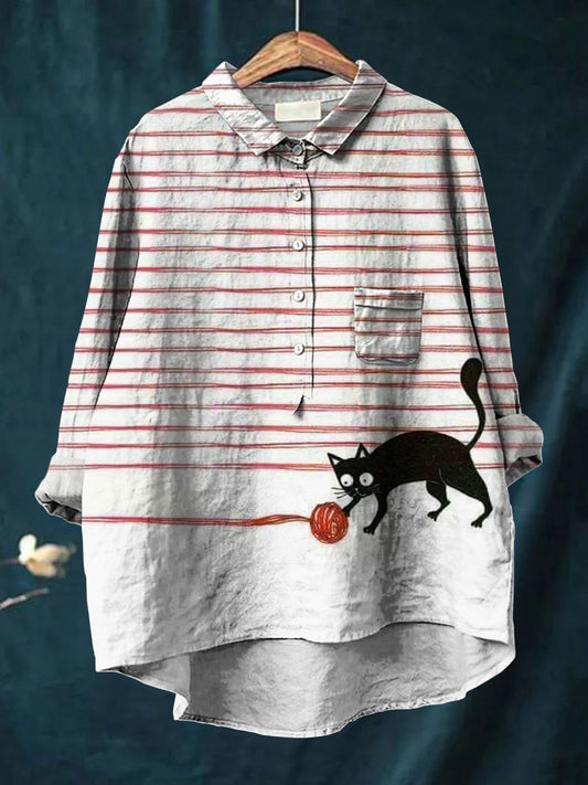 Women's  Cat Print Casual Cotton And Linen Shirt