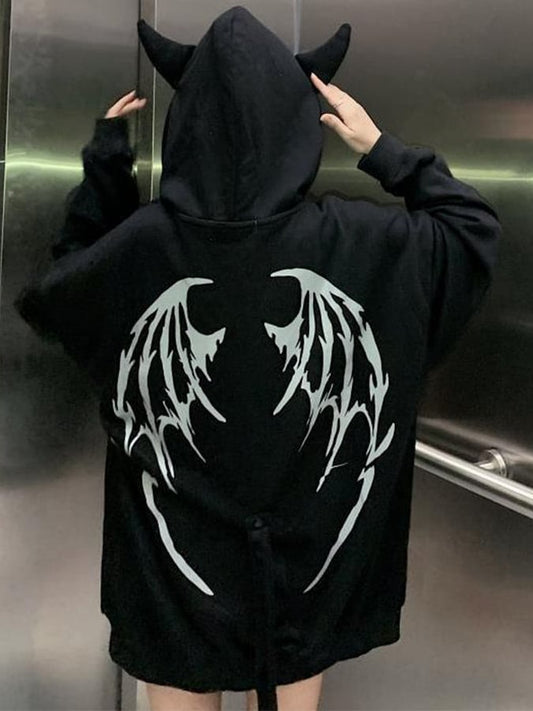 Gothic Dark Print Long Sleeve Hooded Print Jacket