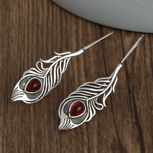 Vintage Silvery Feather Design Red Synthetic Gems Inlaid Dangle Earrings